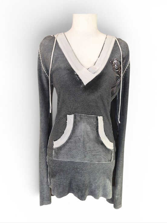 Affliction Tops - Sinful Affliction Women's Gray V-neck Hoodie Pullover Sweater - Sz Medium